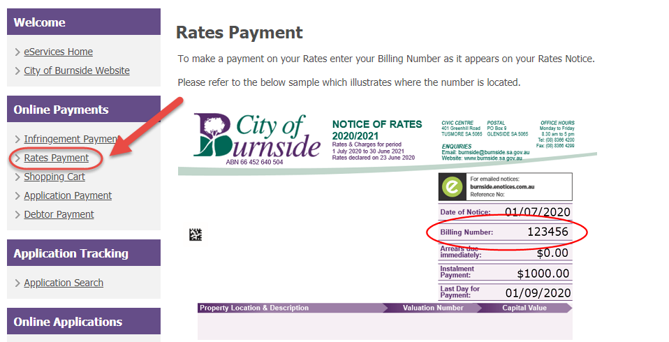 Rates Notice screen in eServices