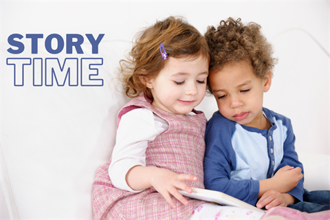 Storytime logo with two cute kids reading