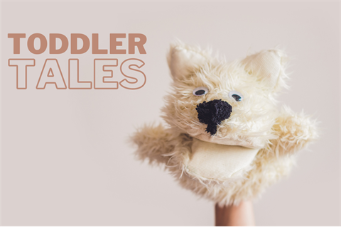 Toddler Tales logo with a cute fluffy puppet
